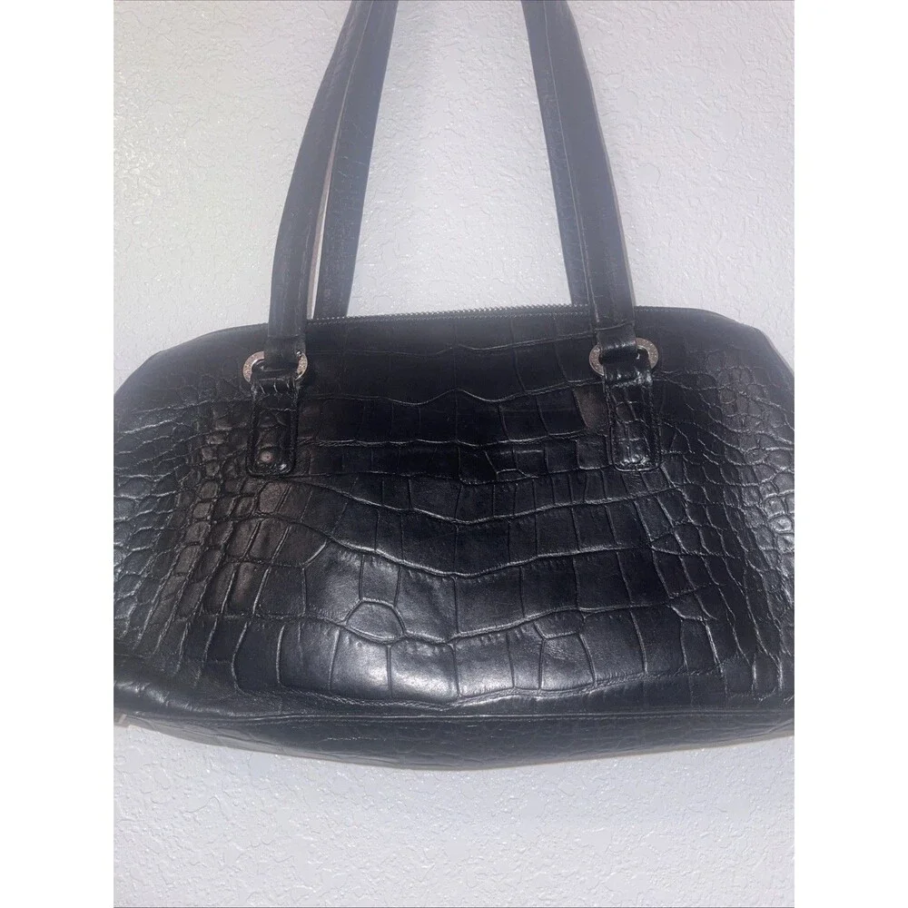 Monsac Handbag Croc Embossed East West Black Leather Shoulder Purse Preppy Bag